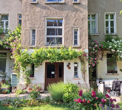 Fassaden von Altbauwohnung mit blühenden Kletterpflanzen und einem kleinen Garten mit bunten Blumen