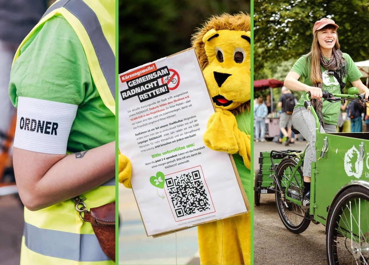 Drei nebeneinander angeordnete Fotos zeigen eine Person mit weißem Ordner-Armband und Warnweste, eine Person im Löwenkostüm mit einem Schild und eine lächelnde Frau auf einem Lastenfahrrad mit grünem Aufdruck.