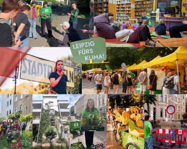 Collage aus sieben Fotos mit Menschen bei Umweltaktionen, Demonstrationen, Lesungen und Marktständen im Freien und in einer Bibliothek