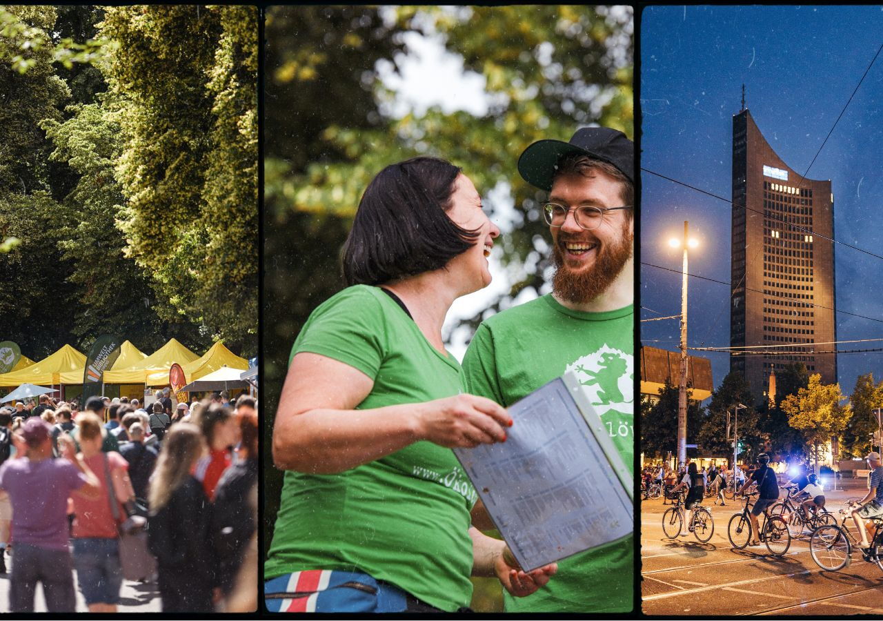 Bild zeigt Ökofete mit vielen Besucher:innen an den Ständen, Mitarbeitende des Ökolöwe e.V. lachend miteinander im Gespräch und Leipziger Radnacht im Zentrum der Stadt mit vielen Teilnehmenden