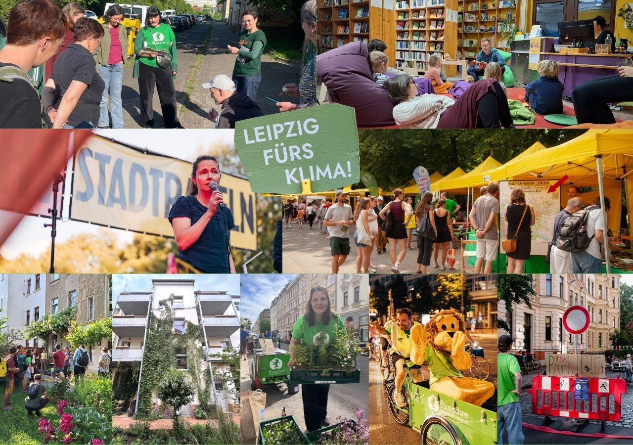 Collage mit verschiedenen Szenen von Umweltschutzprojekten in Leipzig, darunter Menschen bei einer Demonstration mit Schild 'LEIPZIG FÜRS KLIMA', eine Rednerin auf einer Bühne, ein Markt mit gelben Zelten, eine Gruppe bei einer Pflanzaktion, eine Person m