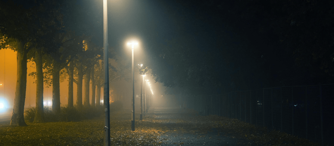 Allee mit Laternenleuchten bei Nacht