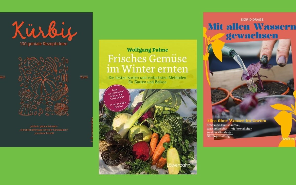 Neue Wintermedien in der Umweltbibliothek Leipzig: Koch- und Backbuch „Kürbis – 130 geniale Rezeptideen“, Wintergemüse-Ratgeber „Frisches Gemüse im Winter ernten“ und „Mit allen Wassern gewachsen“ für den Garten
