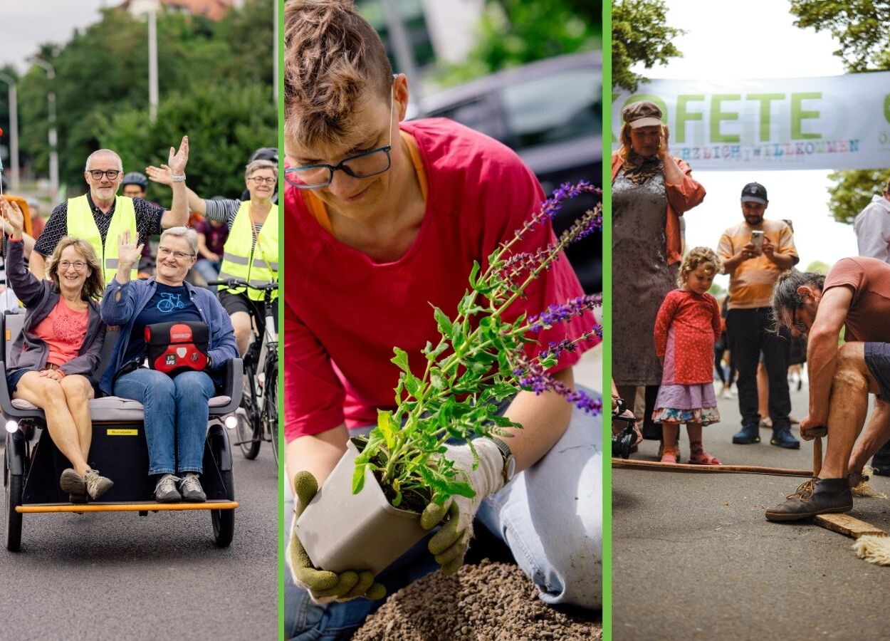 Dreiteilige Collage mit Menschen bei umweltfreundlichen Aktivitäten: Gruppe auf Lastenfahrrad, Person pflanzt Pflanze, Familie bei Straßenfest mit Banner Ökofete