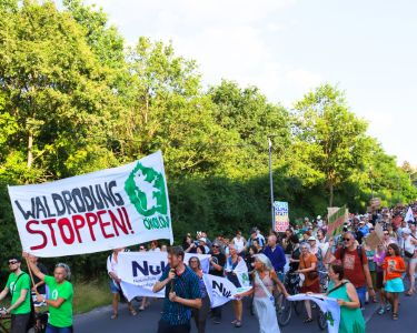 Menschen demonstrieren vor dem Wald neben der Kleinmesse