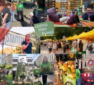 Collage aus sieben Fotos mit Menschen bei Umweltaktionen, Demonstrationen, Lesungen und Marktständen im Freien und in einer Bibliothek