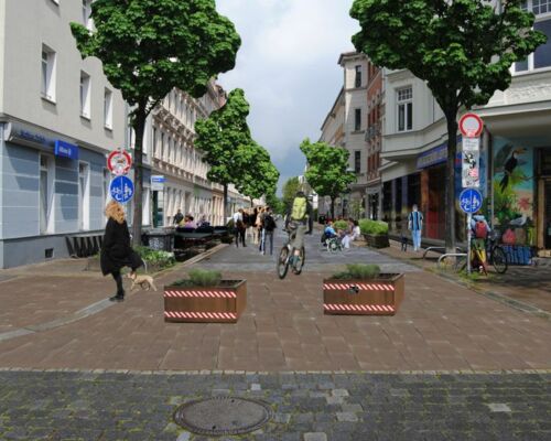 Fußgängerzone statt Parkplätze: So könnte die autofreie Merseburger Straße in Zukunft aussehen. © Ökolöwe