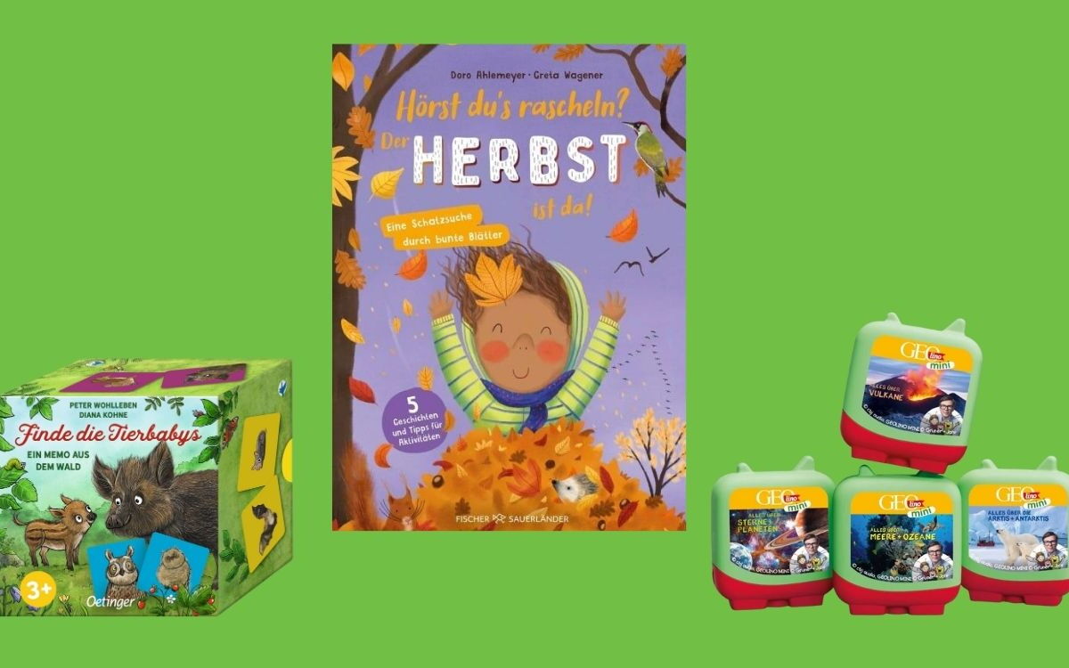 Drei neue Medien für Kinder in der Umweltbibliothek Leipzig: Vorlesebuch „Hörst du’s rascheln?“, Memo-Spiel „Finde die Tierbabys“ und Tonies GEOlino Mini Set