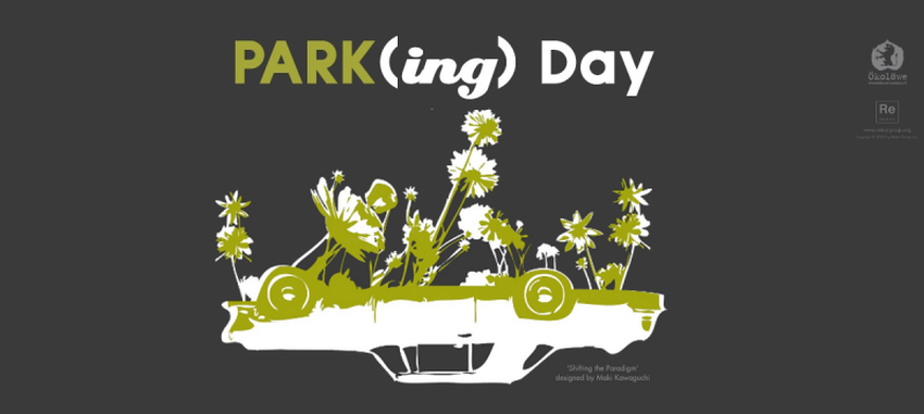 PARK(ing) Day Leipzig Ein Auto liegt rücklings auf dem Dach, Pflanzen wachsen aus dem Boden des Autos heraus