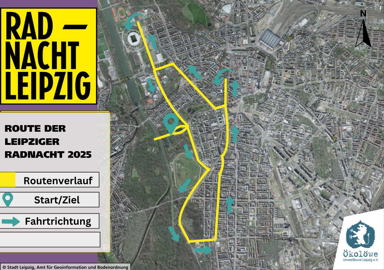 Route der Leipziger RADNACHT 2025 führt vom Start im Clara-Zetkon-Park durch den Leipziger Süden, den Innenstadtring am Stadion entlang zurück zum Startpunkt. Die Route is circa 11 Kilometer lang. Route der Leipziger RADNACHT 2025 führt vom Start im Clara-Zetkon-Park durch den Leipziger Süden, den Innenstadtring am Stadion entlang zurück zum Startpunkt. Die Route is circa 11 Kilometer lang. Grafik: Ökolöwe