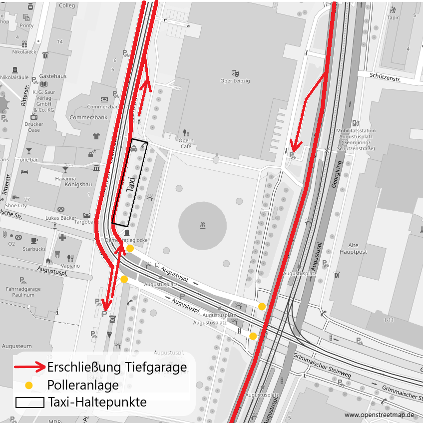 Kartenausschnitt von Augustusplatz Leipzig mit eingezeichneten roten Pfeilen für Tiefgaragenzufahrten, gelben Punkten für Polleranlagen und markierten Taxi-Haltepunkten.