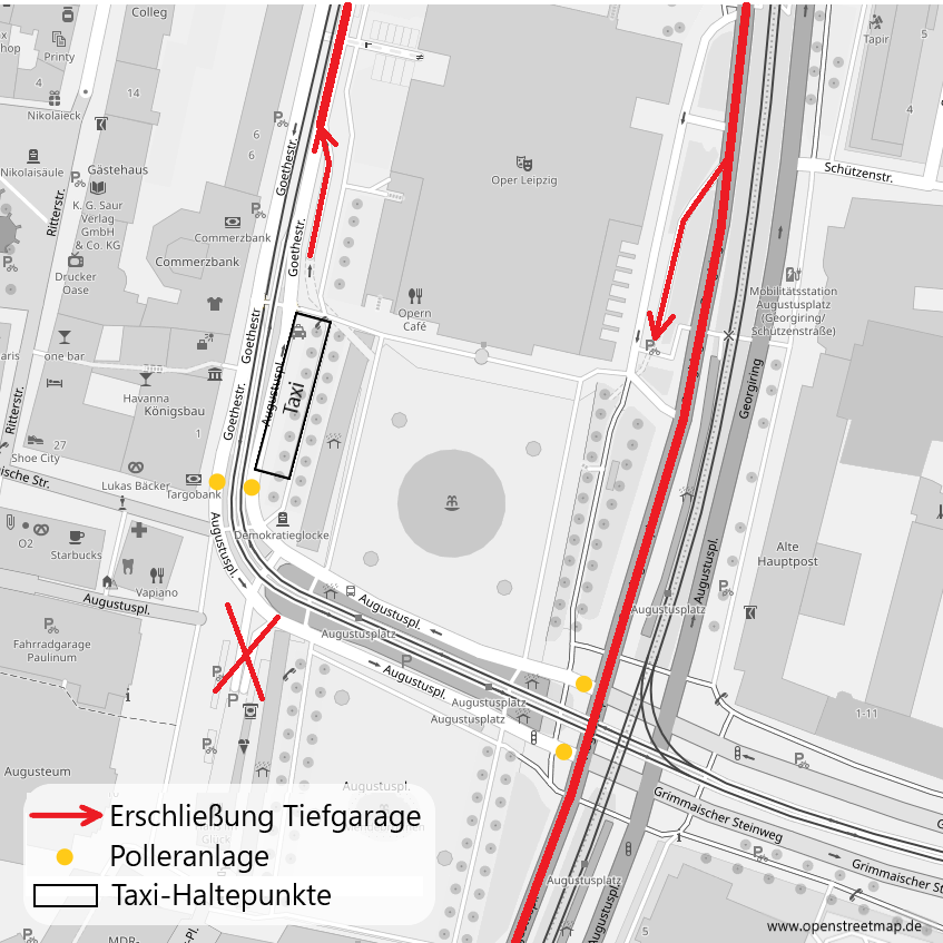 Schwarz-weiße Karte von Augustusplatz mit roten Pfeilen für Tiefgaragenzufahrten, gelben Punkten für Poller und markierten Taxi-Haltepunkten