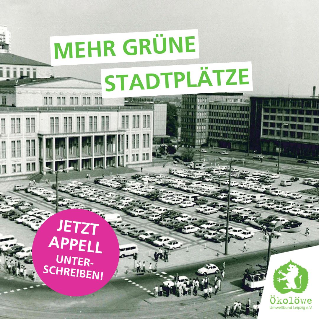 Schwarz-weiße Luftaufnahme eines großen Parkplatzes vor Gebäuden mit dem Text 'MEHR GRÜNE STADTPLÄTZE' und einem pinkfarbenen Kreis mit dem Text 'JETZT APPELL UNTERSCHREIBEN' sowie dem Logo von Ökolöwe