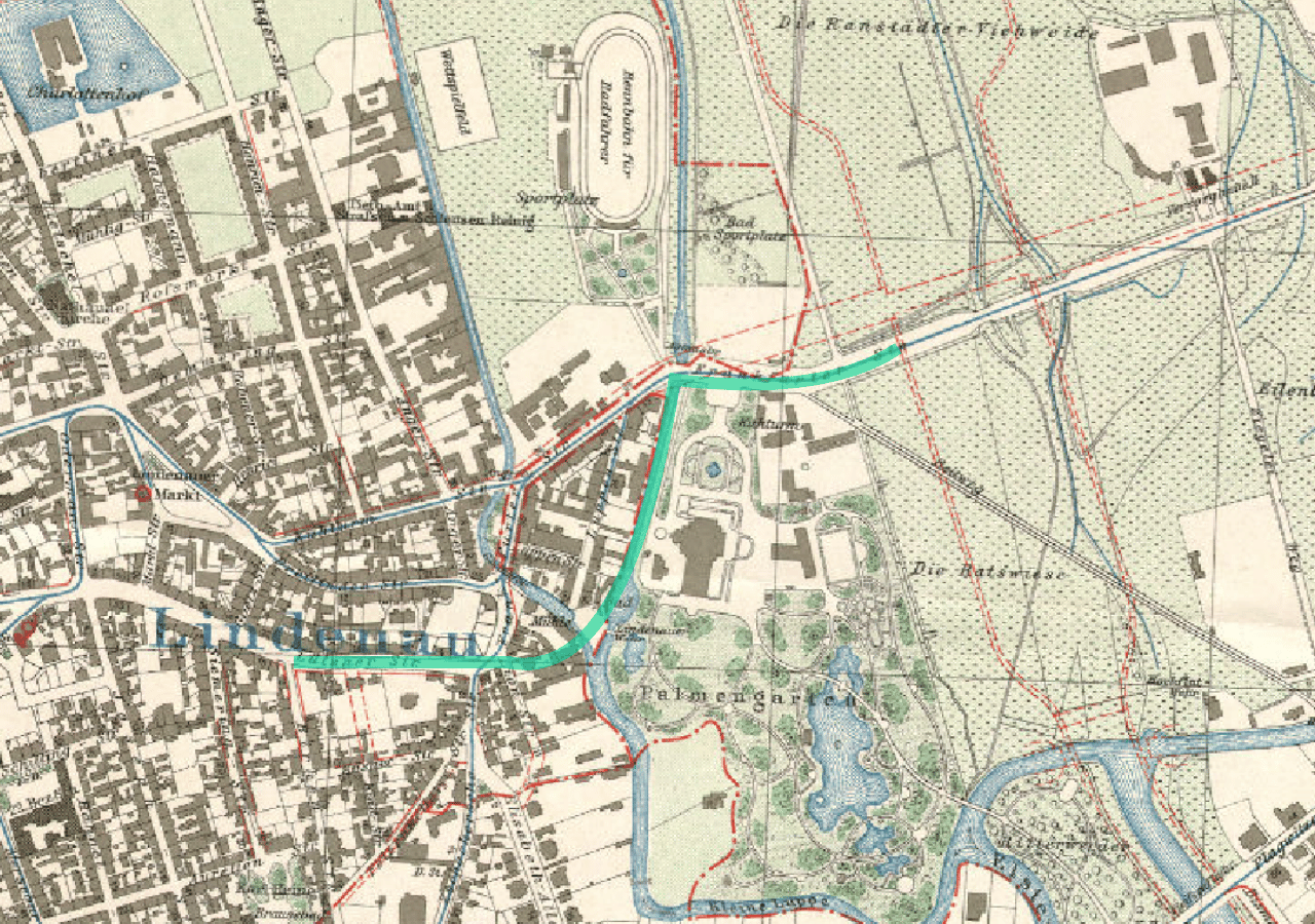 Historische Stadtkarte von Leipzig-Lindenau mit Stadtplan, Flüssen, Straßen und Parkanlagen.