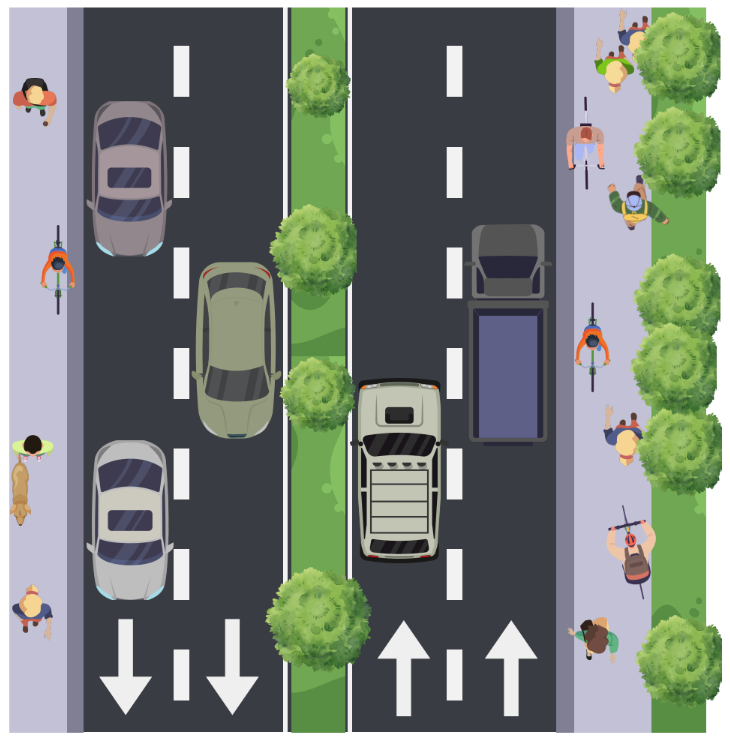 Vogelperspektive auf eine mehrspurige Straße mit Autos, Lkw, Radfahrern auf Radwegen und Fußgängern auf Gehwegen neben Baumreihen