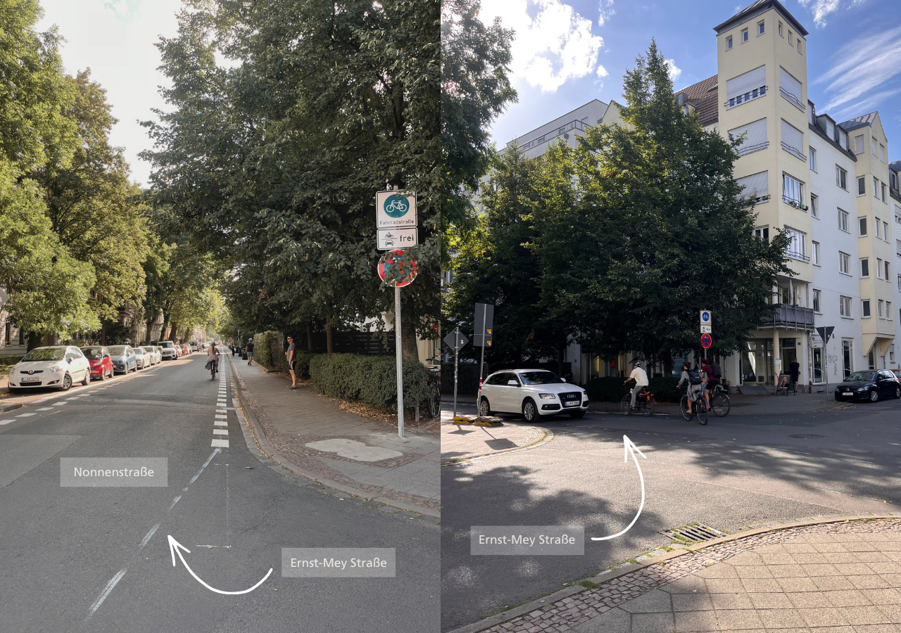 Straßenecke mit mehrstöckigem Wohnhaus, Fahrradfahrer:innen und parkenden Autos an der Nonnentraße und Ernst-Mey-Straße in Plagwitz.