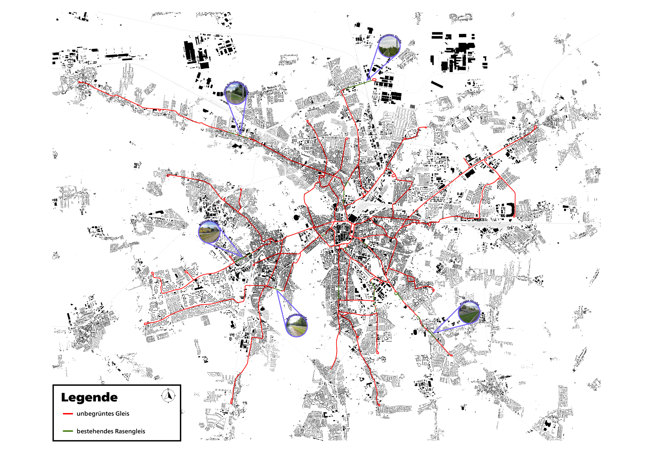 Stadtplan mit farbigen Linien für verschiedene Gleisarten und vergrößerten Ausschnitten von Bahnhöfen, Legende mit Erklärungen zu Gleisarten