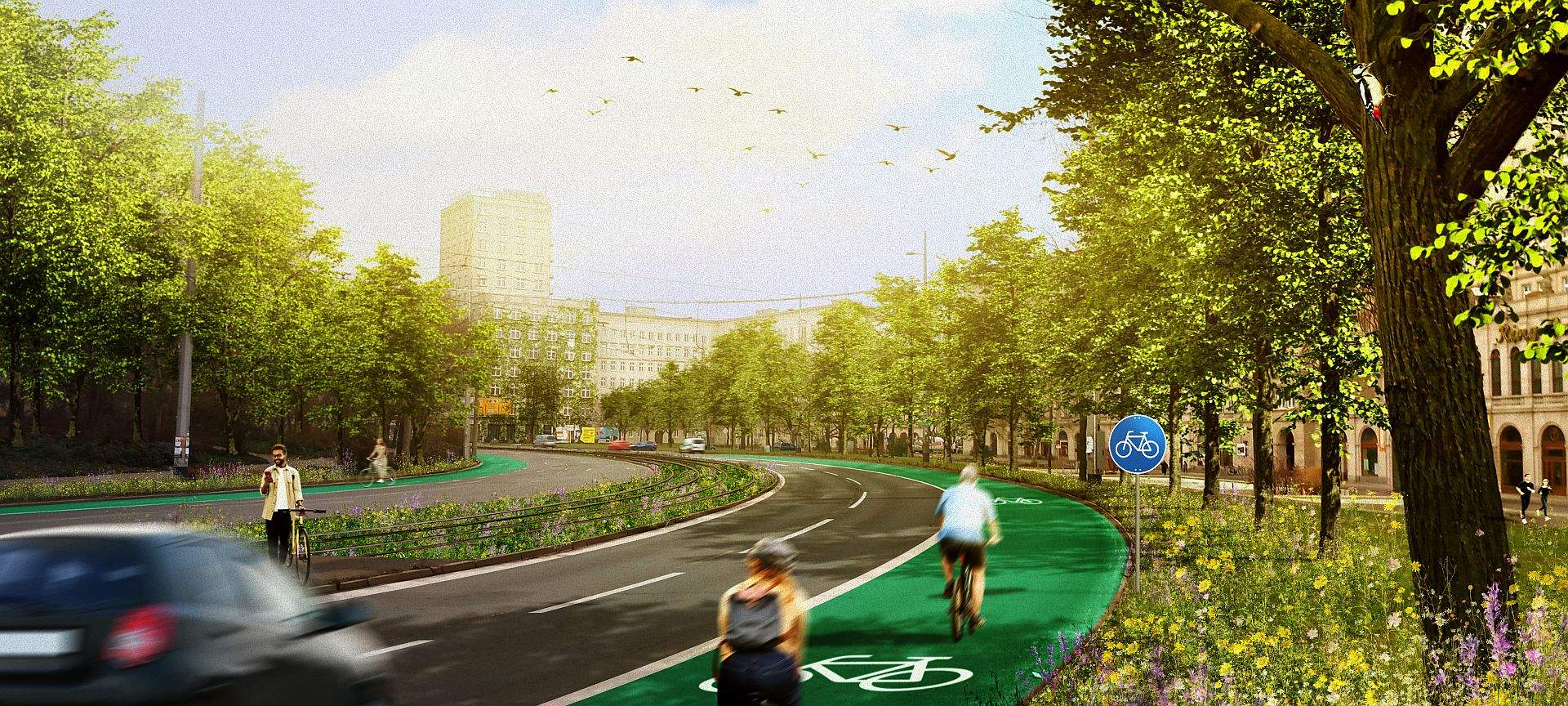 Grafische Darstellung eines begrünten, fahrradfreundlichen Straßenabschnitts mit breitem Radweg, Bäumen und Wildblumen am Promenadenring in Leipzig, Blickrichtung Roßplatz.