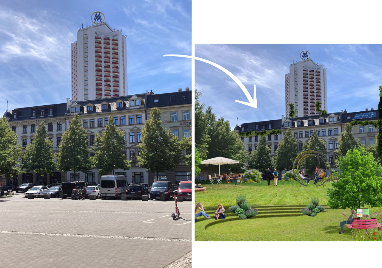 Das Bild zeigt den Hahnekammplatz in Leipzig vor und nach der Umgestaltung