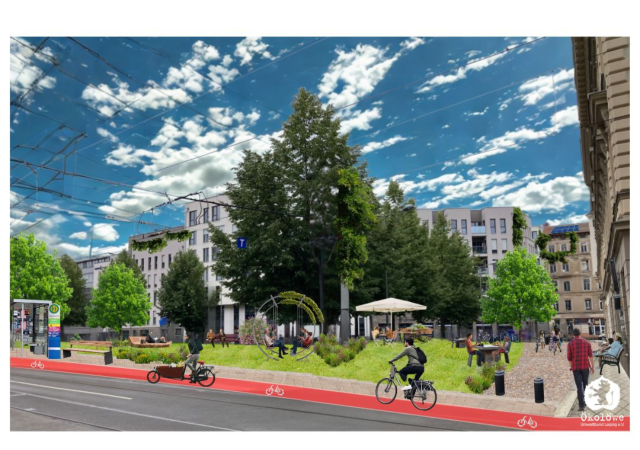 Die Visualisierung zeigt den neugestalteten, begrünten Hahnekammplatz in Leipzig. Der Blick richtet sich von der Wintergartenstraße auf die Seitenfläche des Platzes