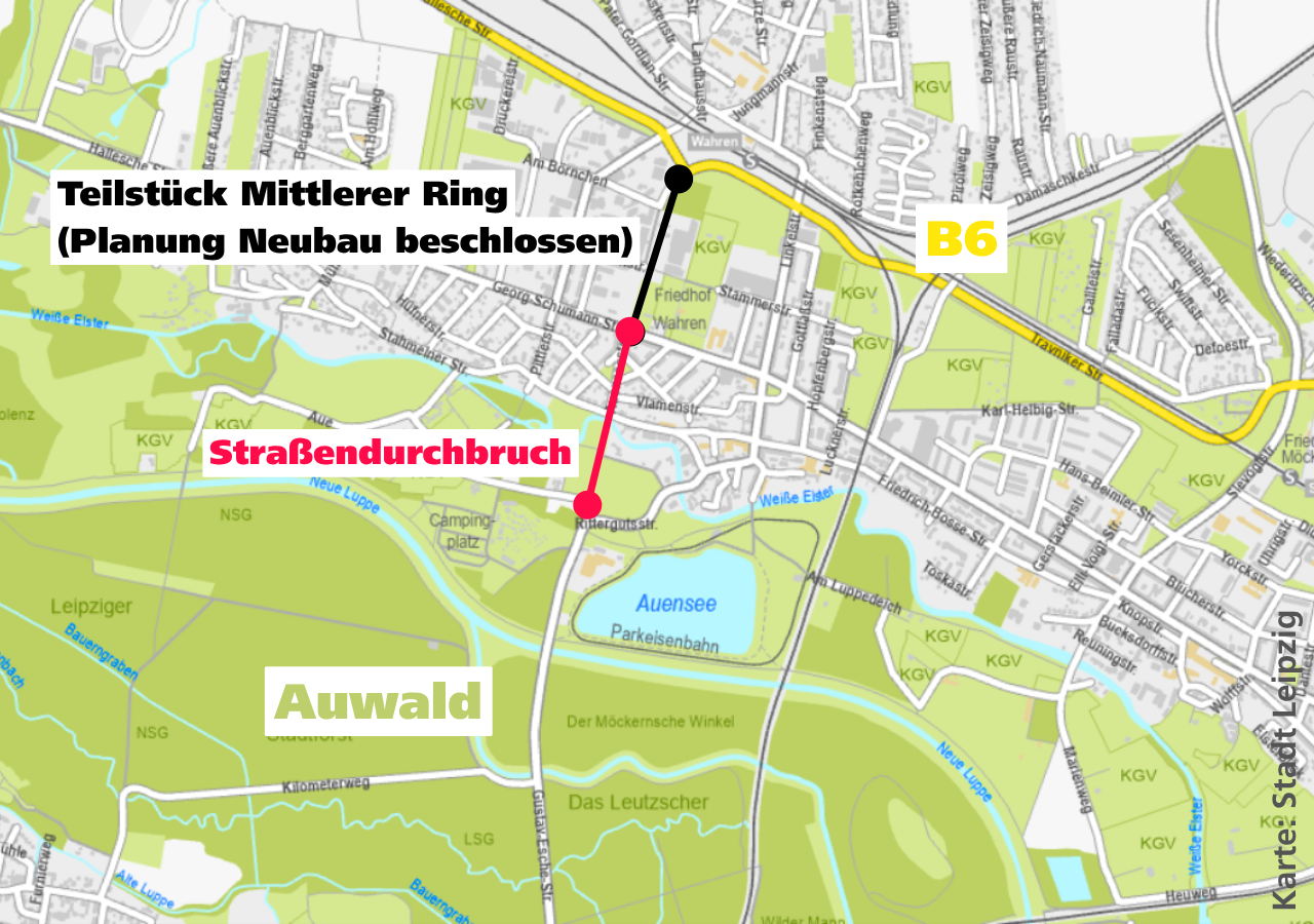 Karte der geplanten Straße und des Straßendurchbruchs im Norden von Leipzig