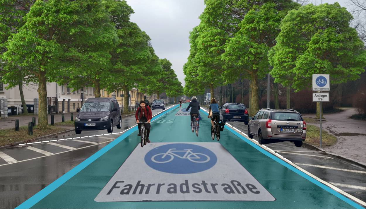 Visualisierung der Naunhofer Straße als blau markierter Fahrradstraße mit Radfahre:innen