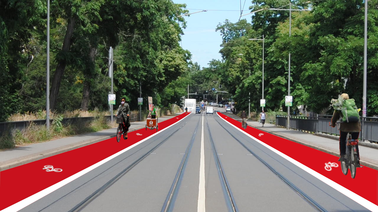 Straße mit roten Radwegen auf beiden Seiten und zwei Radfahrern, umgeben von Bäumen und Straßenbahnschienen in der Mitte