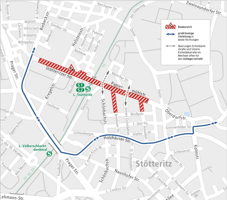 Stadtplan mit markiertem Baubereich und großräumiger Umleitung in Stötteritz, Leipzig