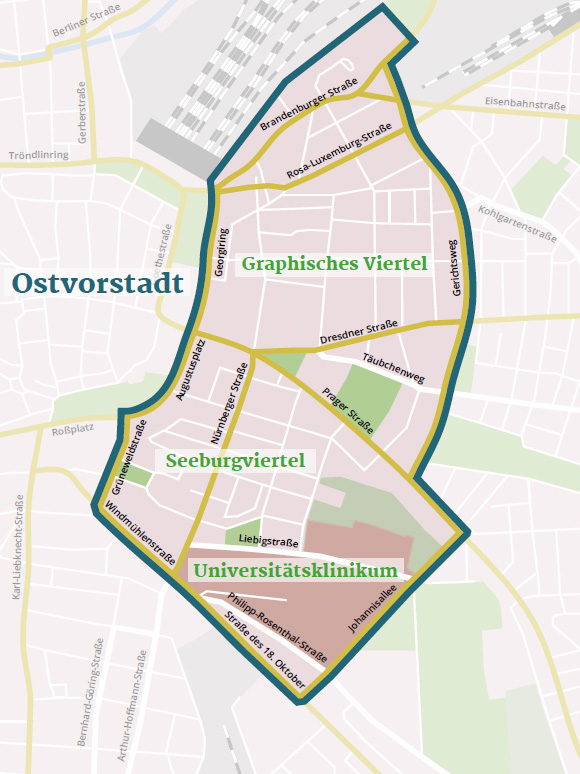 Karte von "Mach's leiser" Projektgebiet in der Leipziger Ostvorstadt