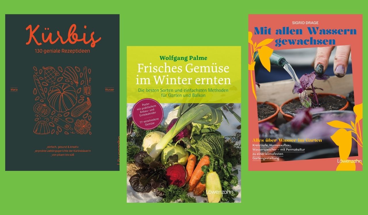Neue Wintermedien in der Umweltbibliothek Leipzig: Koch- und Backbuch „Kürbis – 130 geniale Rezeptideen“, Wintergemüse-Ratgeber „Frisches Gemüse im Winter ernten“ und „Mit allen Wassern gewachsen“ für den Garten
