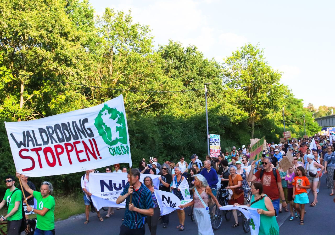 Viele Menschen demonstrieren gemeinsam für den Wald. Vorne das Banner "Walrodung stoppen!" mit Logo Ökolöwe e.V.