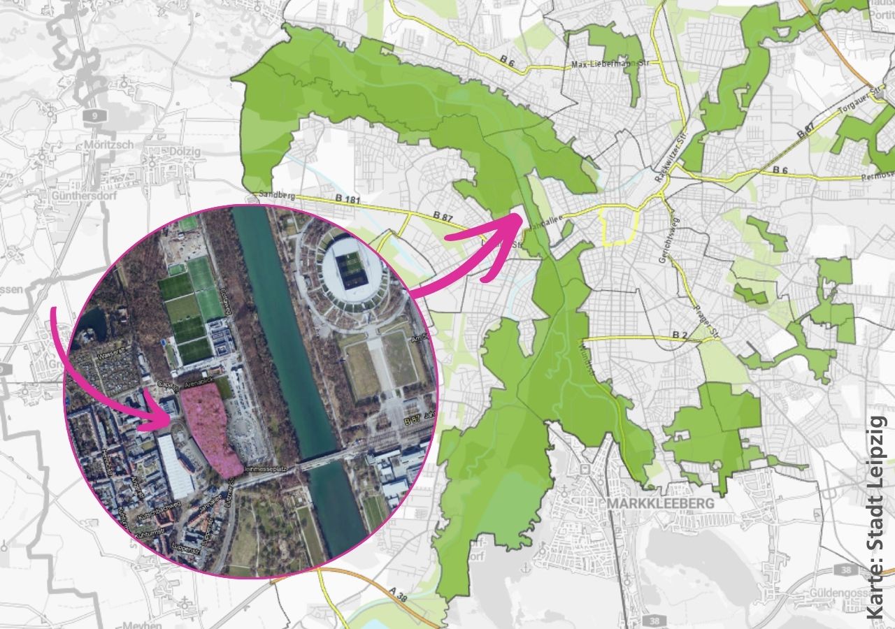 Karte von Leipzig mit dem Wald neben der Kleinmesse