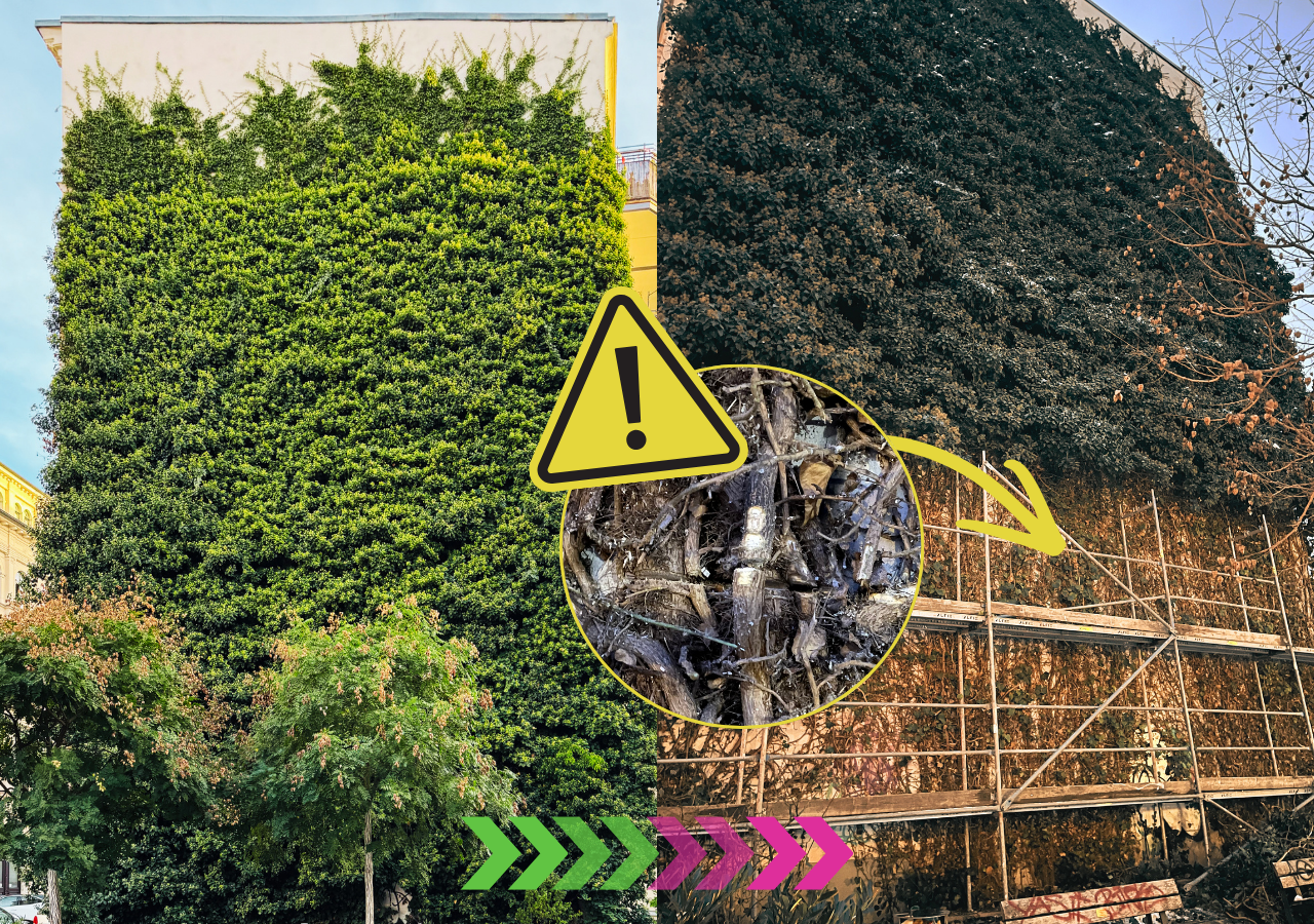 Grünes, rechteckiges Gebäude mit dichter Bepflanzung und vergrößertem Ausschnitt auf abgetrennte Efeu-Ranken